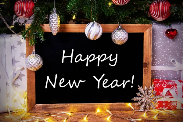 Chalkboard, Tree, Gift, Fairy Lights, Text Happy New Year — стокове фото