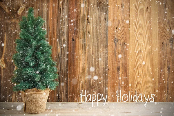 Christmas Tree, Wooden Background, Happy Holidays, Snow — Stock Photo, Image