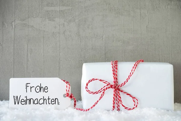 En julklapp, Snö, Cement, Frohe Weihnachten betyder God Jul — Stockfoto