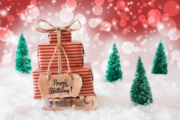 Sled, Present, Snow, Happy Birthday, Red Background —  Fotos de Stock