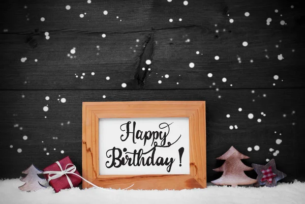 Frame, Gift, Tree, Snow, Snowflakes, Calligraphy Happy Birthday — Foto de Stock