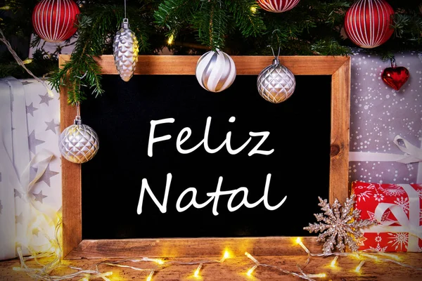 Chalkboard, Tree, Gift, Fairy Lights, Feliz Natal Means Merry Christmas — стокове фото