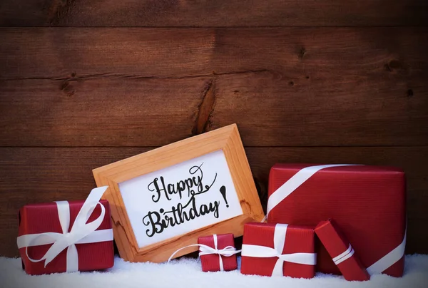 Frame, Red Gift, Snow, Calligraphy Happy Birthday — Foto de Stock