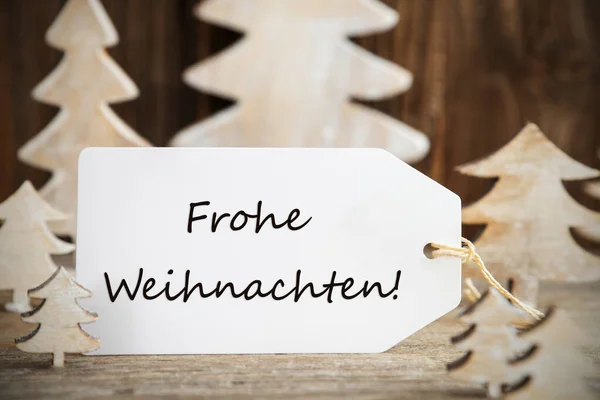 クリスマスツリー、ラベル、 Frohe Weihnachtenはメリークリスマスを意味します — ストック写真