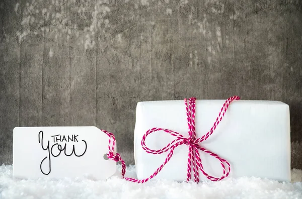 Weißes Weihnachtsgeschenk, Schnee, Etikett, Verbeugung, Danke — Stockfoto