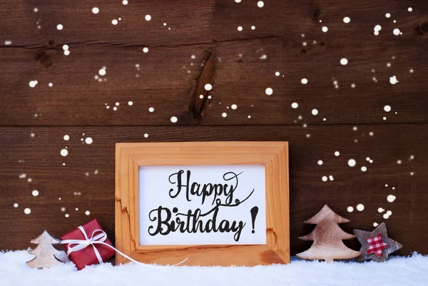 Frame, Gift, Tree, Snowflakes, Calligraphy Happy Birthday — Stock Photo, Image