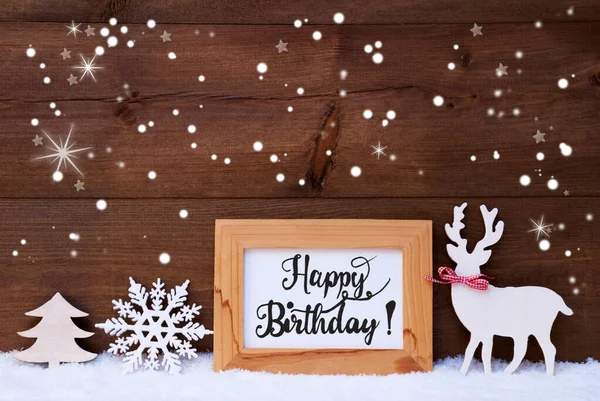 Rådjur, snöflingor, snö, träd, kalligrafi Grattis på födelsedagen — Stockfoto