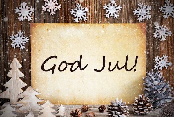 Oud papier, kerstversiering, God jul betekent vrolijk kerstfeest, sneeuwvlokken — Stockfoto