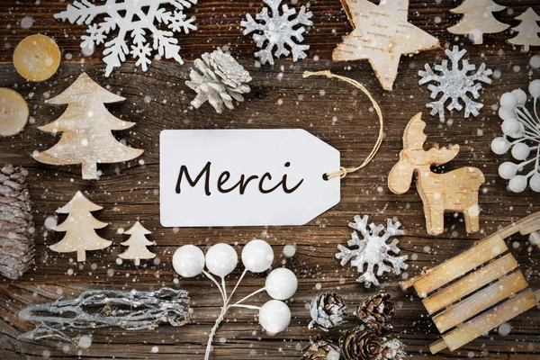 Лейбл, рамка рождественского украшения, Merci означает спасибо, Снежинки — стоковое фото