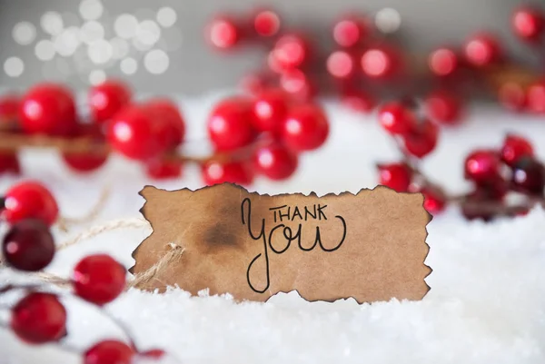 Red Christmas Decoration, Śnieg, Etykieta, Dziękuję — Zdjęcie stockowe
