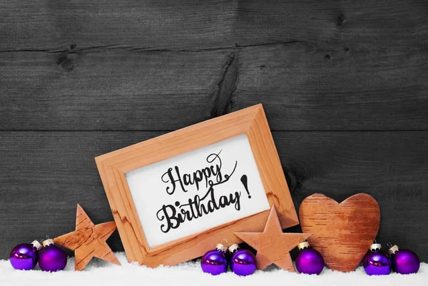Ram, lila boll, snö, kalligrafi Grattis på födelsedagen, grå bakgrund — Stockfoto