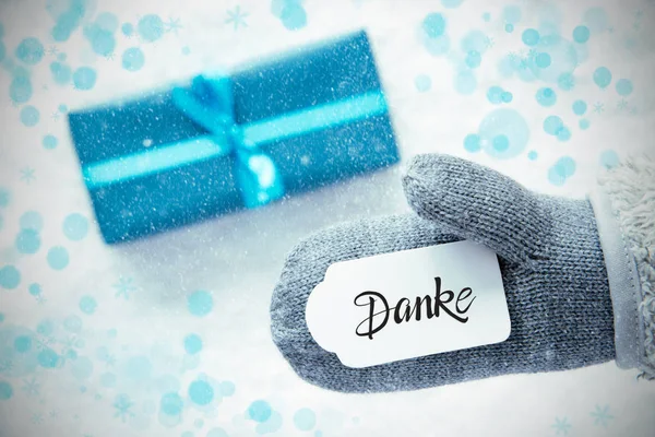 Gray Glove, Turquoise Gift, Label, Snowflakes, Danke Means Thank You — стокове фото