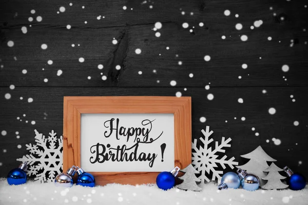 Tree, Snowflakes, Snow, Blue Ball, Calligraphy Happy Birthday — Stock Photo, Image