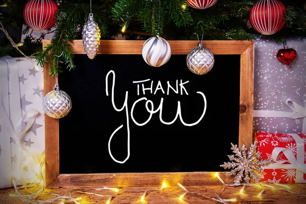 Chalkboard, fa, ajándék, tündér fények, szöveg Köszönöm — Stock Fotó