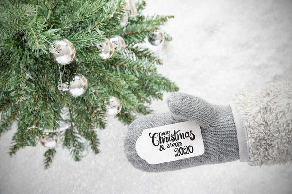 Guante Gris, Árbol, Bola de Plata, Feliz Navidad y Feliz 2020, Copos de nieve — Foto de Stock