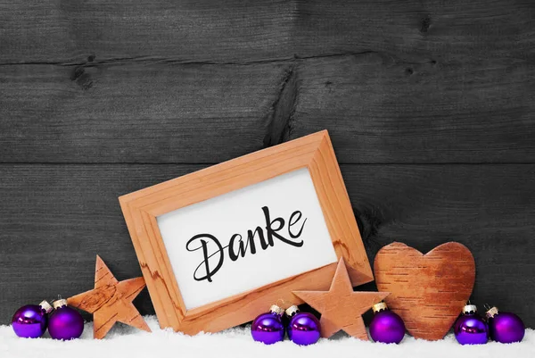 Frame, Purple Ball, Snow, Danke Means Thank You, Gray Background — Stock Photo, Image