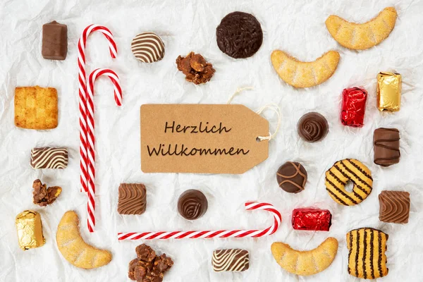 Candy Christmas Collection, Label, Willkommen Means Welcome — Stock Photo, Image