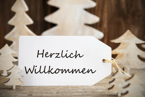 Árbol de Navidad, Etiqueta, Herzlich Willkommen significa Bienvenido —  Fotos de Stock