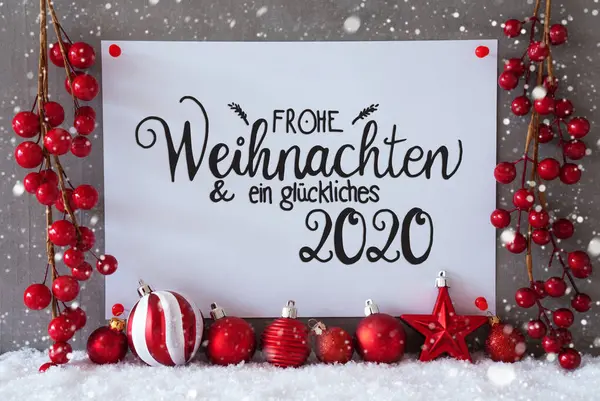 红色装饰、标志、雪、雪花、糖果糖2020意味着2020年快乐 — 图库照片