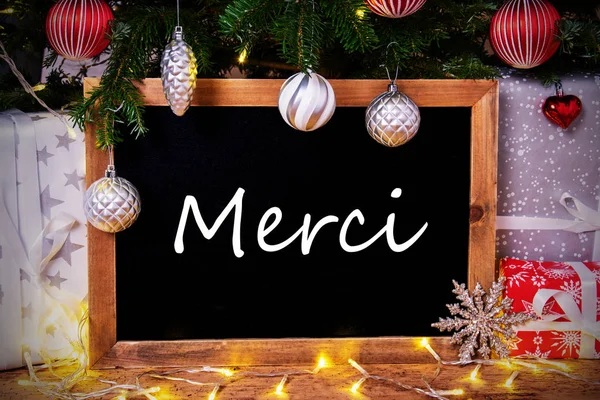 Chalkboard, Tree, Gift, Fairy Lights, Merci Means Köszönöm — Stock Fotó