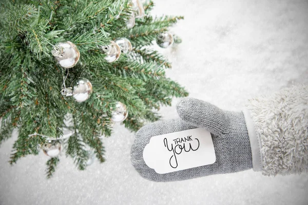 Grauer Handschuh, Baum, silberne Kugel, Text Danke, Schneeflocken — Stockfoto