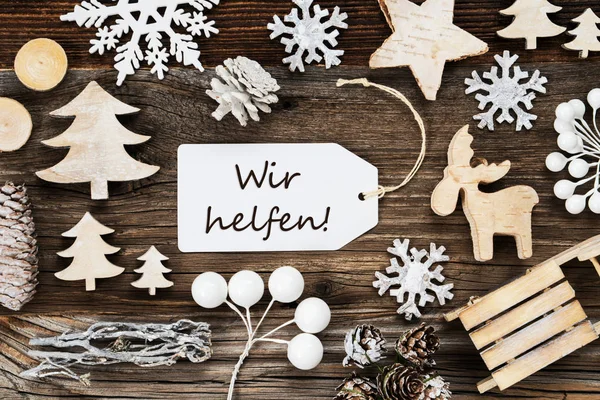 Етикетка, рамка різдвяного прикраси, Wir Helfen означає, що ми допомагаємо, сніжинки — стокове фото