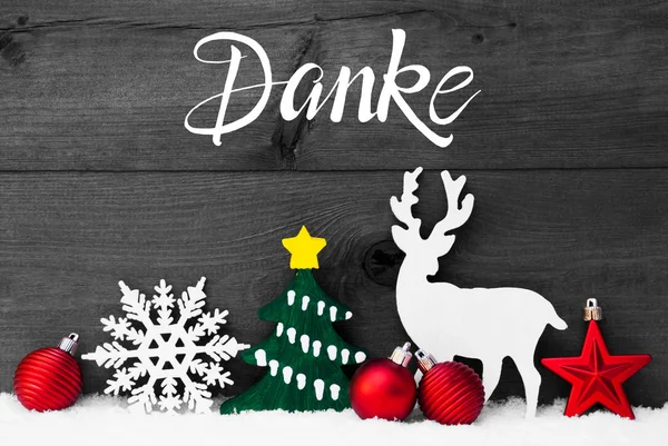 Ornamento, neve, árvore, bola vermelha, Danke significa obrigado — Fotografia de Stock