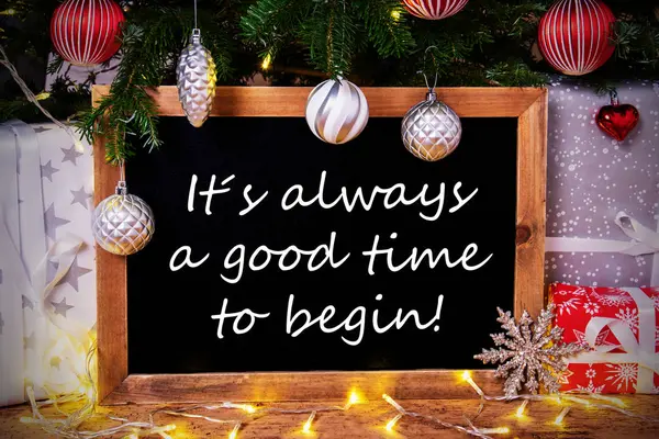 Chalkboard, Tree, Gift, Fairy Lights, Always Good Time To Begin — стокове фото