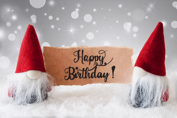 Jultomten, röd hatt, Grattis på födelsedagen, grå bakgrund — Stockfoto