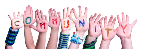 Crianças Mãos Construindo Comunidade Palavra, Fundo isolado — Fotografia de Stock