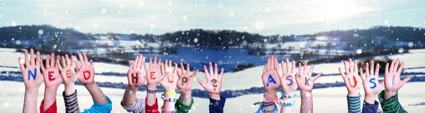 Children Hands Building Word Need Help Ask Us, Snowy Winter Background — Stockfoto