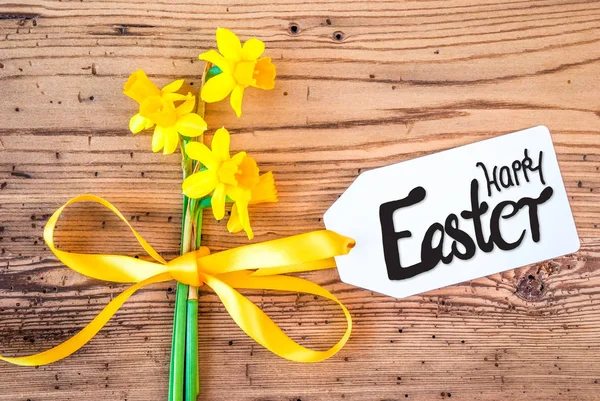 Żółty Kwiat Narcyza, Etykieta, Kaligrafia Szczęśliwej Wielkanocy — Zdjęcie stockowe