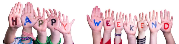 Children Hands Building Word Happy Weekend, Isolated Background — Foto de Stock