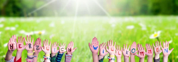 Kinderen handen Bouwen Woord Herzlich Willkommen Mean Welkom, Grasweide — Stockfoto