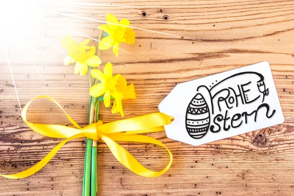 Sunny Narcissus Fleur, étiquette, calligraphie Frohe Ostern signifie joyeuse Pâques — Photo