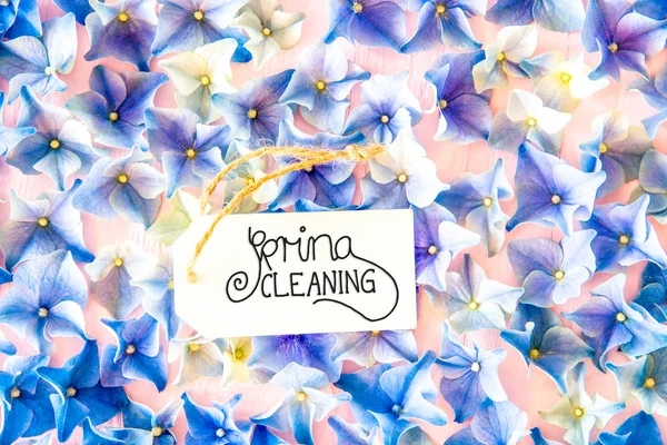Étiquette avec nettoyage de printemps de calligraphie, fleur d'hortensia — Photo