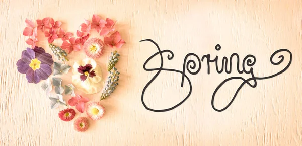 Nostálgico Primavera Flor Flores Coração, Caligrafia Primavera — Fotografia de Stock
