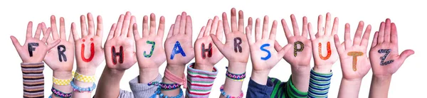 Children Hands, Fruehjahrsputz Means Spring Cleaning, Isolated Background — Stock Photo, Image