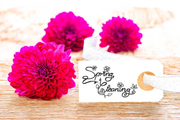 Etichetta con la calligrafia Primavera Pulizia, fiore di primavera viola — Foto Stock