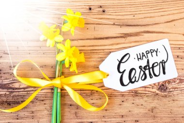 Güneşli Narcissus Çiçeği, Etiketi, Kaligrafi Mutlu Paskalyalar