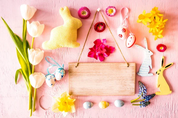 Easter Flat Lay, Sign, Copy Space, Spring Flower Blossoms — Stockfoto