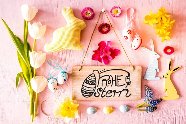 Easter Flat Lay, Sign, Calligraphy Frohe Ostern Means Happy Easter — Stockfoto