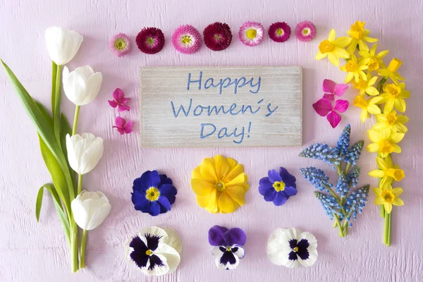 Flat Lay With Spring Flower Blossoms, Sign, Text Happy Womens Day — Stockfoto