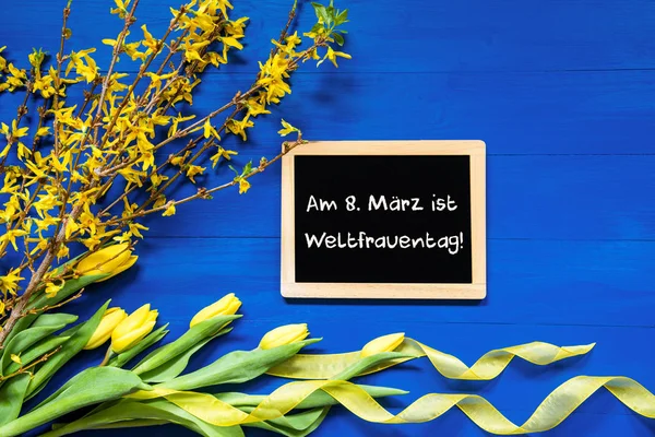 Spring Flowers, Branch, Blackboard, Weltfrauentag Mean International Womens Day — Stockfoto