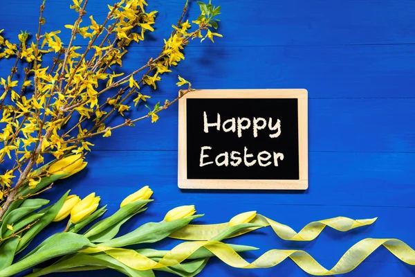 Spring Flowers Decoration, Branch, Blackboard, Text Happy Easter — Stok fotoğraf