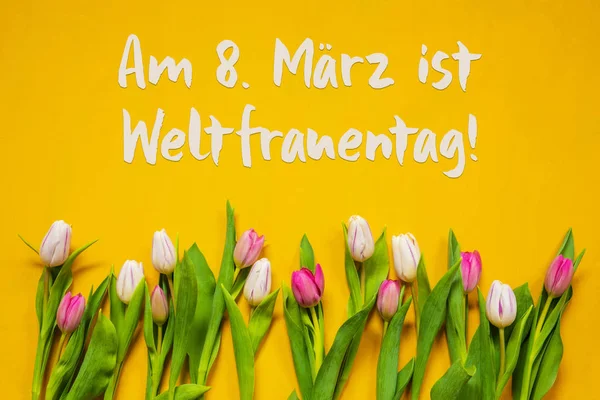 Colorful Tulip, Text Weltfrauentag Means Women Day, Yellow Background — Stok fotoğraf