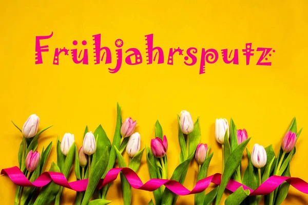Colorful Tulip, Fruehjahrsputz Means Spring Cleaning, Ribbon, Yellow Background — Stockfoto