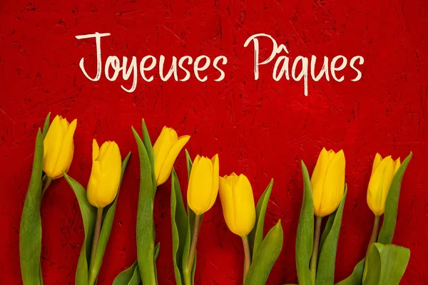 Fleurs de tulipes jaunes, fond rouge, Jaqeuses Paques signifie Joyeuses Pâques — Photo