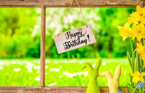 Vintage Window Frame, Sign, Calligraphy Happy Birthday, Grass Meadow — Stock Photo, Image