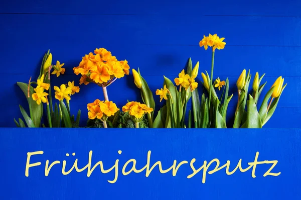 Flores de Primavera, Tulipán, Narciso, Texto Fruehjahrsputz Significa Limpieza de Primavera —  Fotos de Stock